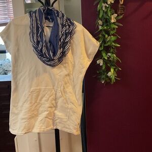 White Short Sleeve Top with Blue Scarf